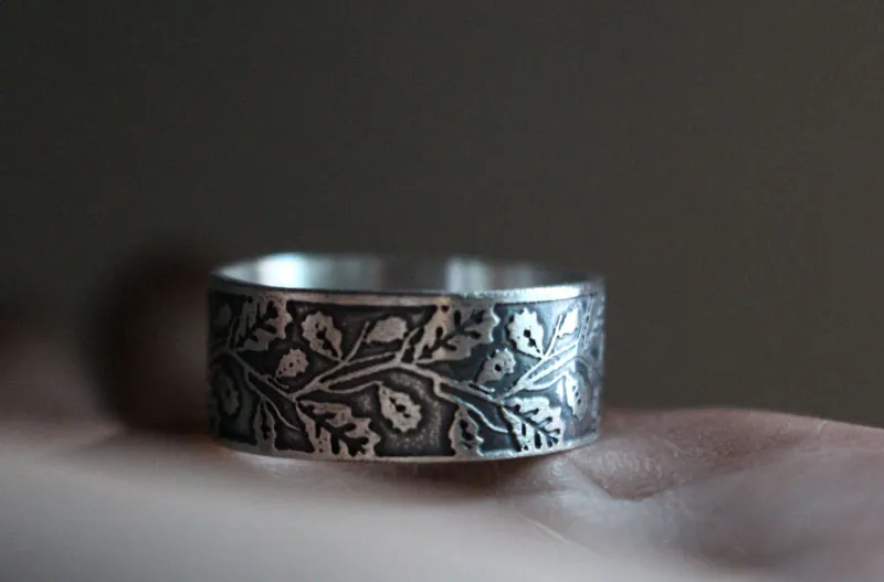 Oak leaf, tree branch ring in sterling silver