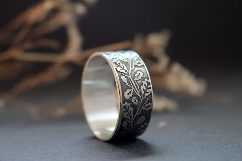 Oak leaf, tree branch ring in sterling silver