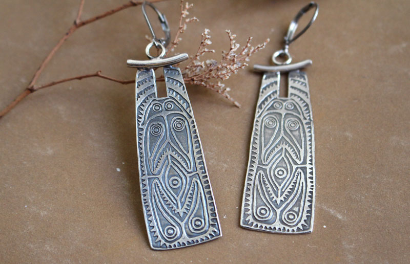 Oceanian shield, tribal earrings in sterling silver