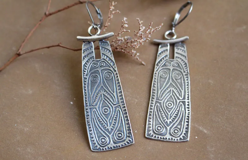 Oceanian shield, tribal earrings in sterling silver