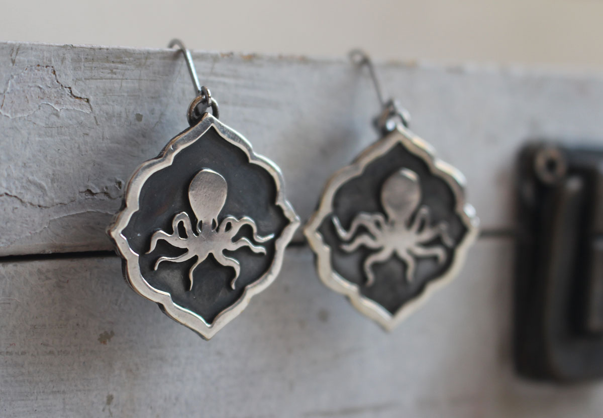 Octopus, marine creature earrings in sterling silver