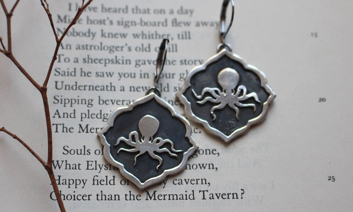 Octopus, marine creature earrings in sterling silver