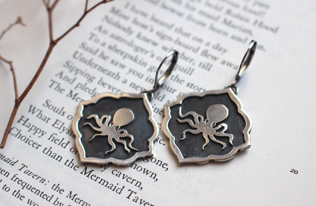 Octopus, marine creature earrings in sterling silver