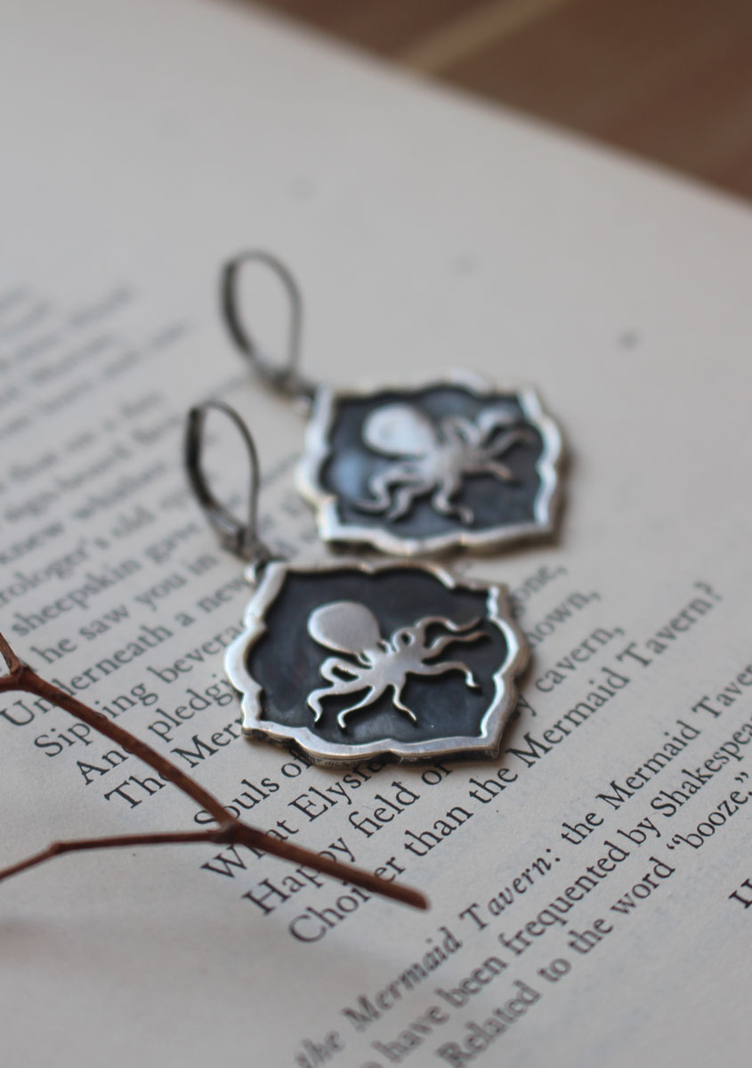 Octopus, marine creature earrings in sterling silver