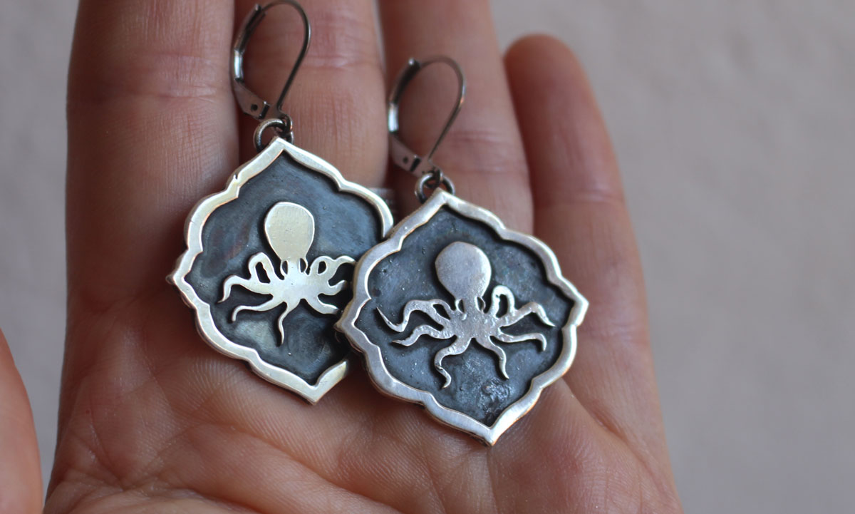 Octopus, marine creature earrings in sterling silver