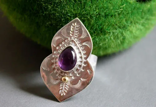 Oditi, oriental sunrise ring in silver, brass and amethyst
