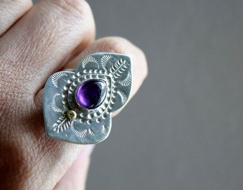 Oditi, oriental sunrise ring in silver, brass and amethyst