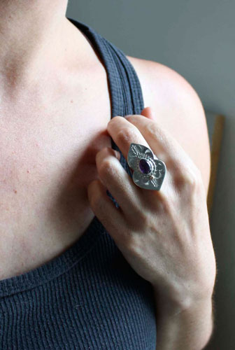 Oditi, oriental sunrise ring in silver, brass and amethyst