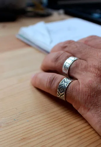 Ojo de Dios, geometric Huichol ring in sterling silver