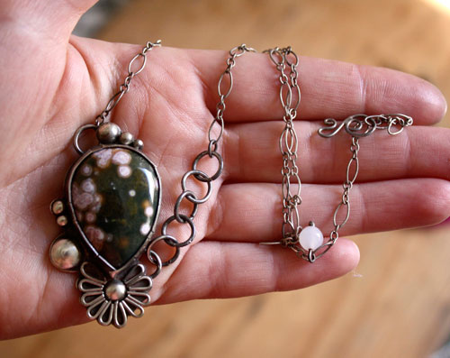 Okeanos, Greek mythology necklace in silver and ocean jasper