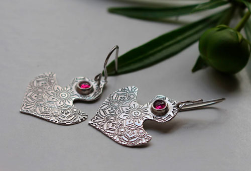 Ophrys, orchid mandala earrings in silver and ruby