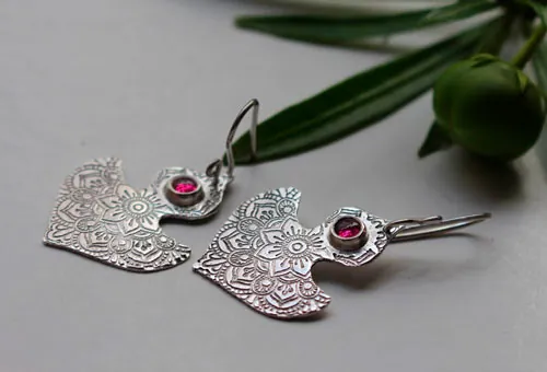 Ophrys, orchid mandala earrings in silver and ruby