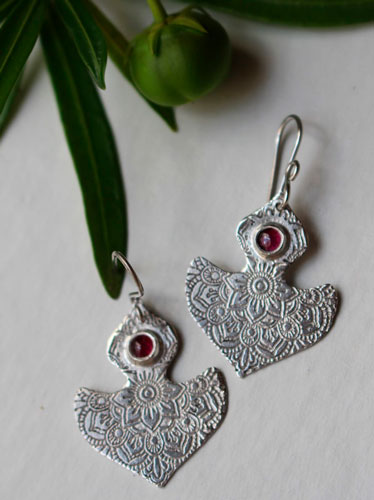 Ophrys, orchid mandala earrings in silver and ruby