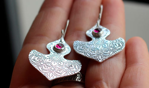 Ophrys, orchid mandala earrings in silver and ruby