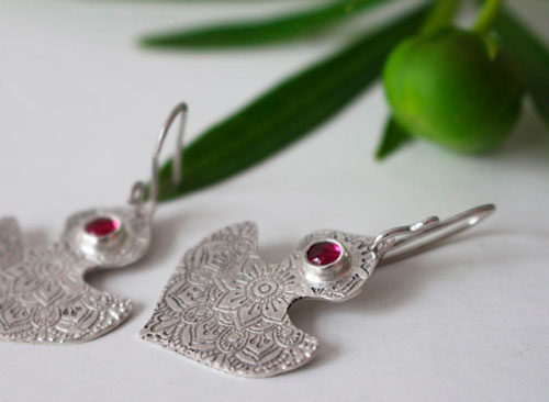 Ophrys, orchid mandala earrings in silver and ruby