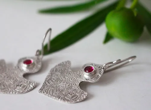 Ophrys, orchid mandala earrings in silver and ruby