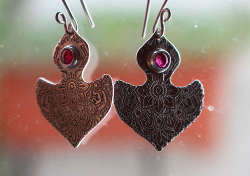 Ophrys, orchid mandala earrings in silver and ruby