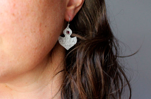 Ophrys, orchid mandala earrings in silver and ruby