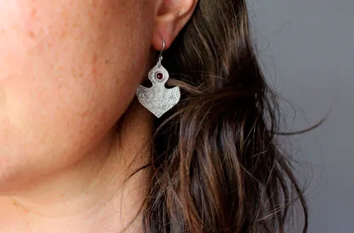 Ophrys, orchid mandala earrings in silver and ruby