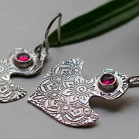 Ophrys, orchid mandala earrings in silver and ruby
