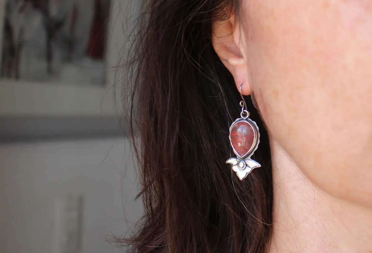 Oriental lily, flower earrings in silver and strawberry quartz