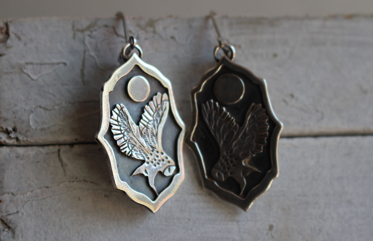 Owl under the moon, night watchman earrings in sterling silver