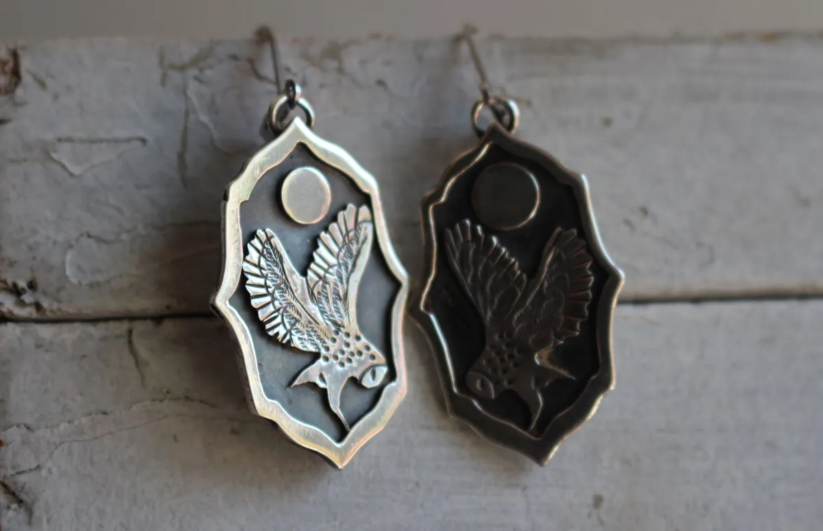 Owl under the moon, night watchman earrings in sterling silver