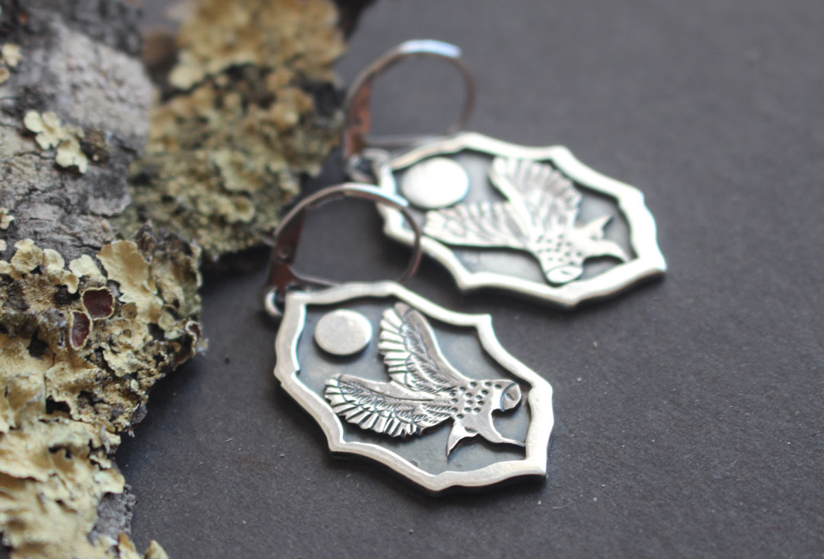 Owl under the moon, night watchman earrings in sterling silver