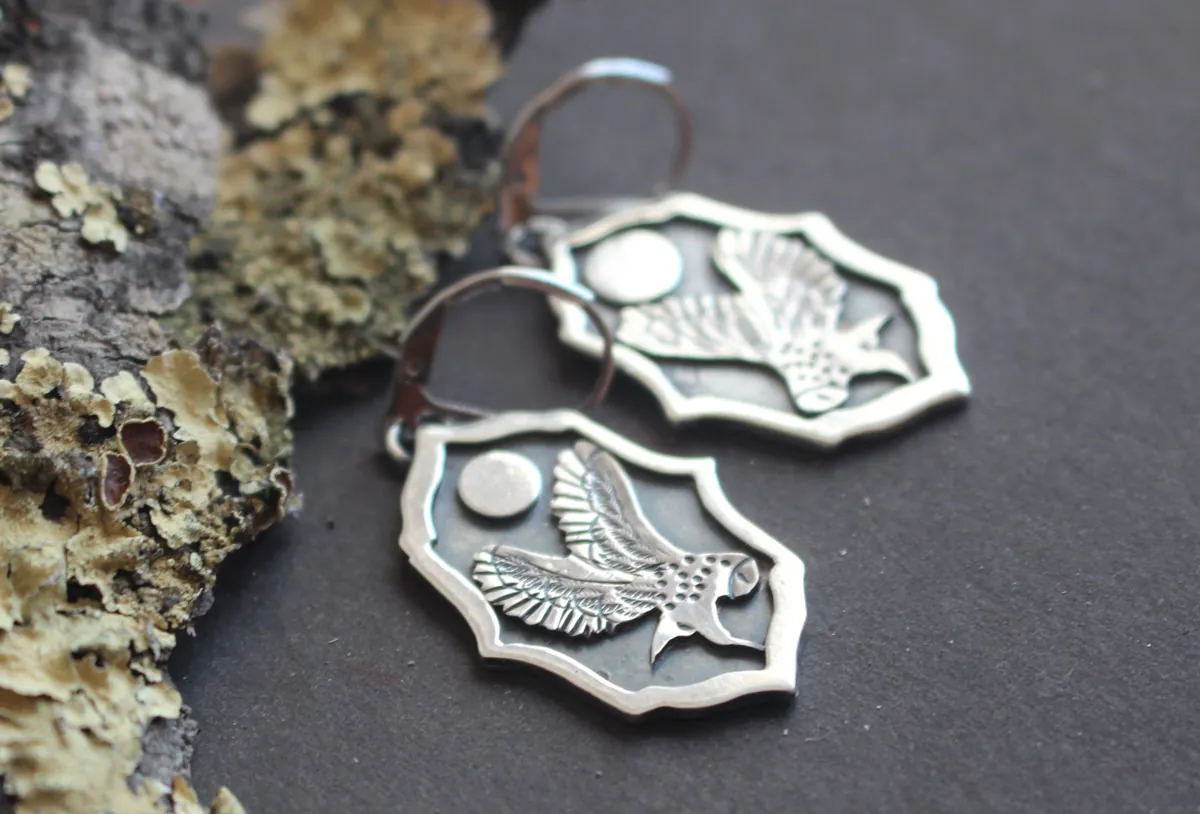 Owl under the moon, night watchman earrings in sterling silver