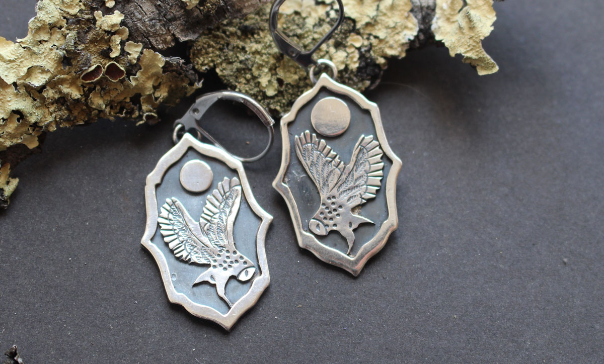 Owl under the moon, night watchman earrings in sterling silver