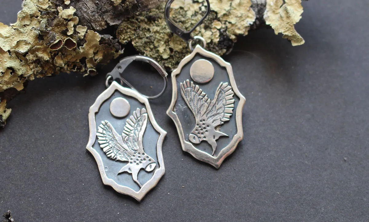 Owl under the moon, night watchman earrings in sterling silver