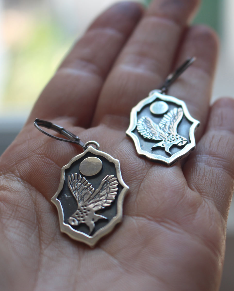Owl under the moon, night watchman earrings in sterling silver