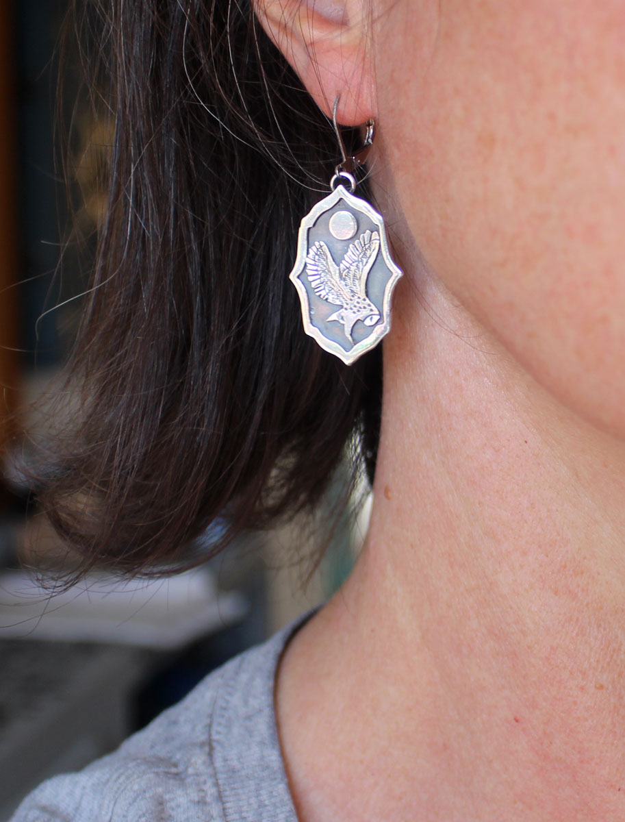 Owl under the moon, night watchman earrings in sterling silver