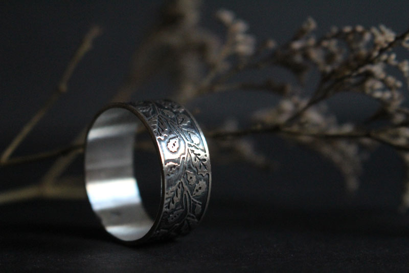 Oak leaves, tree branch ring in sterling silver