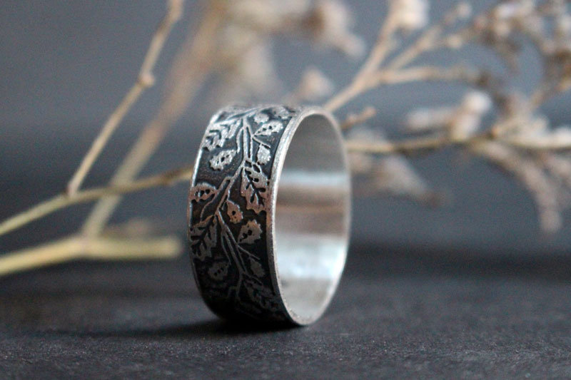 Oak leaves, tree branch ring in sterling silver