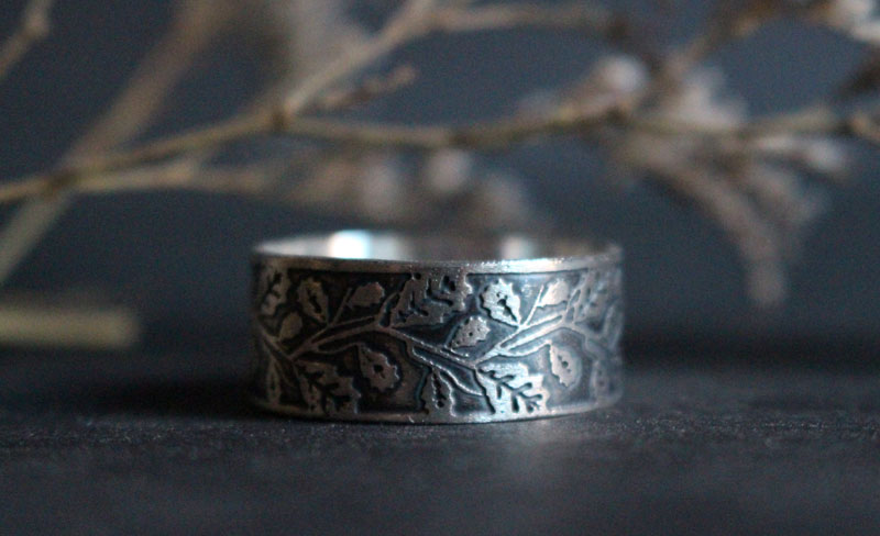 Oak leaves, tree branch ring in sterling silver