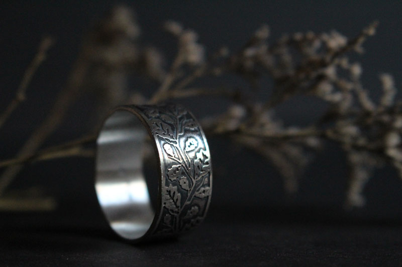 Oak leaves, tree branch ring in sterling silver