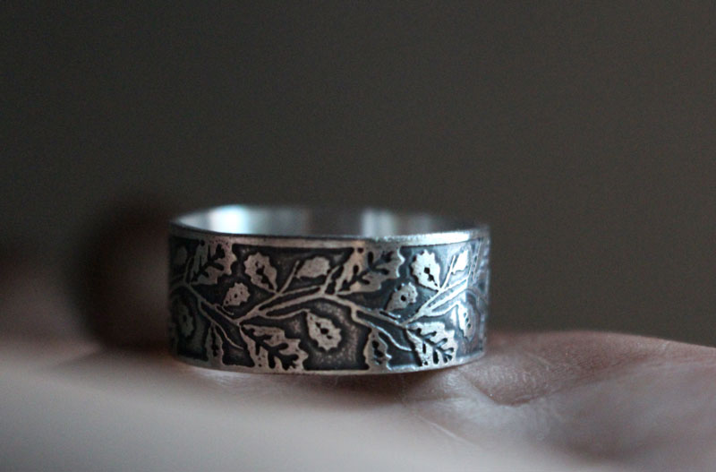 Oak leaves, tree branch ring in sterling silver