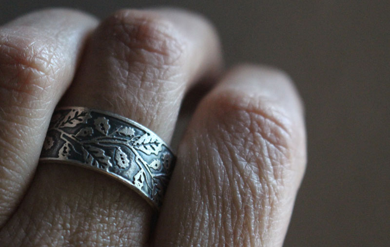 Oak leaves, tree branch ring in sterling silver