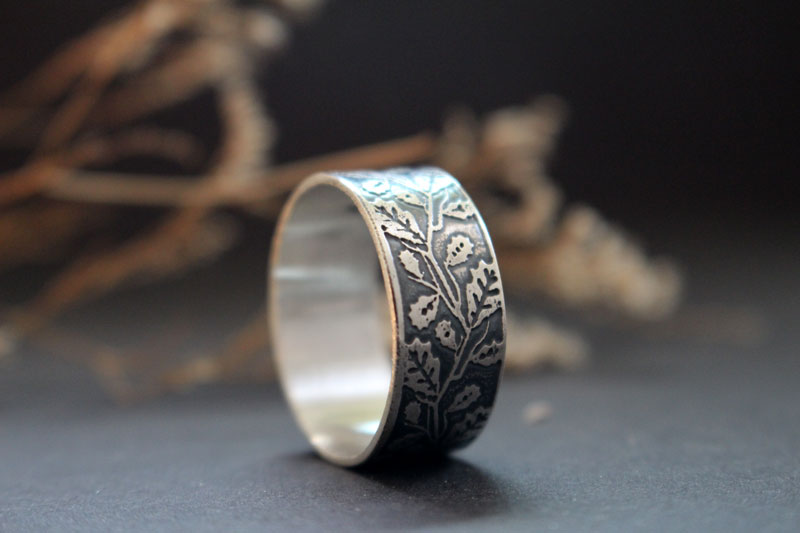 Oak leaves, tree branch ring in sterling silver