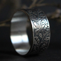 Oak leaves, tree branch ring in sterling silver