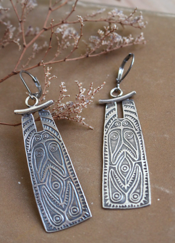 Oceanian shield, tribal earrings in sterling silver