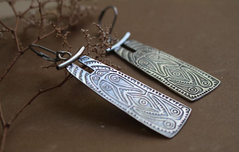 Oceanian shield, tribal earrings in sterling silver