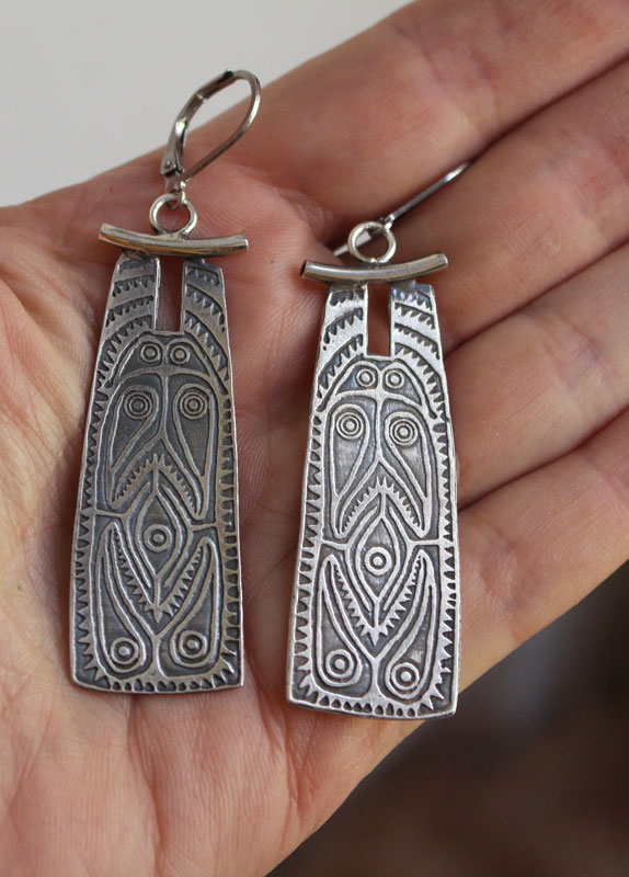 Oceanian shield, tribal earrings in sterling silver