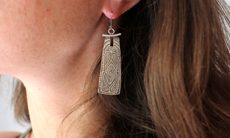 Oceanian shield, tribal earrings in sterling silver