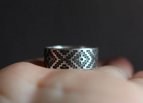 Ojo de Dios, geometric Huichol ring in sterling silver