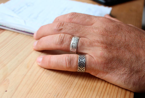 Ojo de Dios, geometric Huichol ring in sterling silver