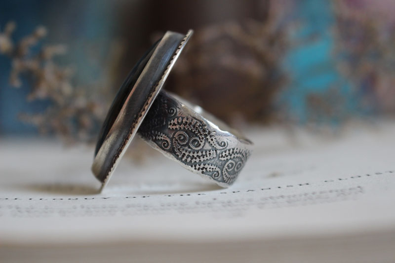 On the other side, fern and mirror ring in sterling silver and labradorite