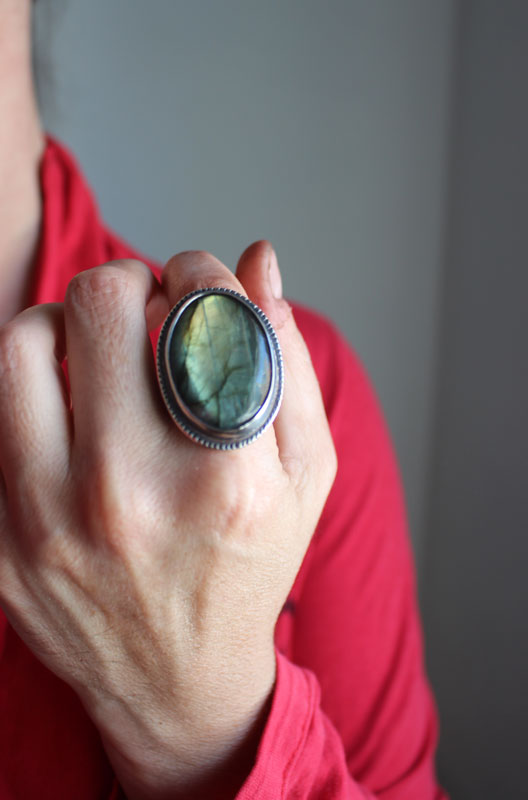 On the other side, fern and mirror ring in sterling silver and labradorite