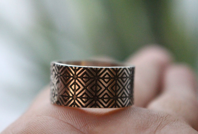 Origami, engraved Japanese geometric ring in sterling silver